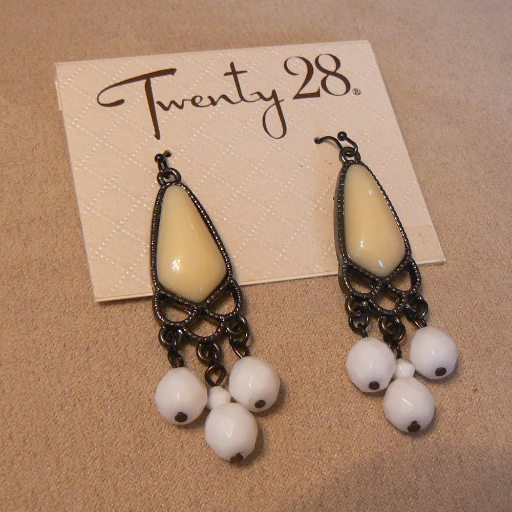 Vintage Style Bronze Tone White Opaque Dangle Earrings